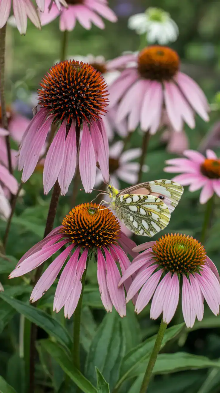 Pink and orange echinacea coneflowers with prominent centers attracting butterflies in summer garden