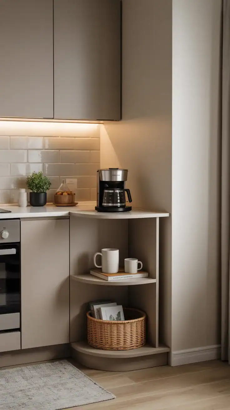 Slim corner table coffee bar with compact coffee maker and minimal decor in modern kitchen corner