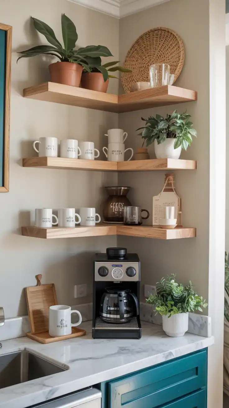 Corner coffee bar with floating shelves wrapping around walls displaying mugs and coffee accessories