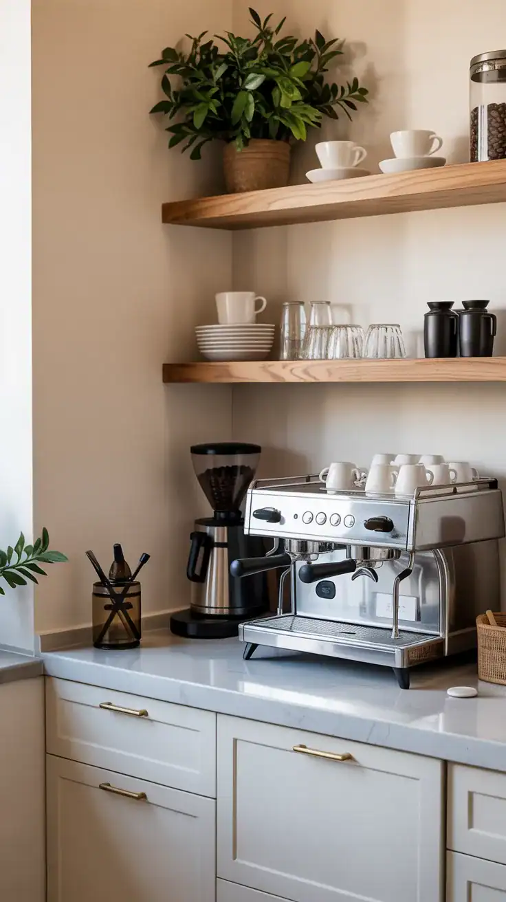 Minimalist corner coffee station with clean white surfaces