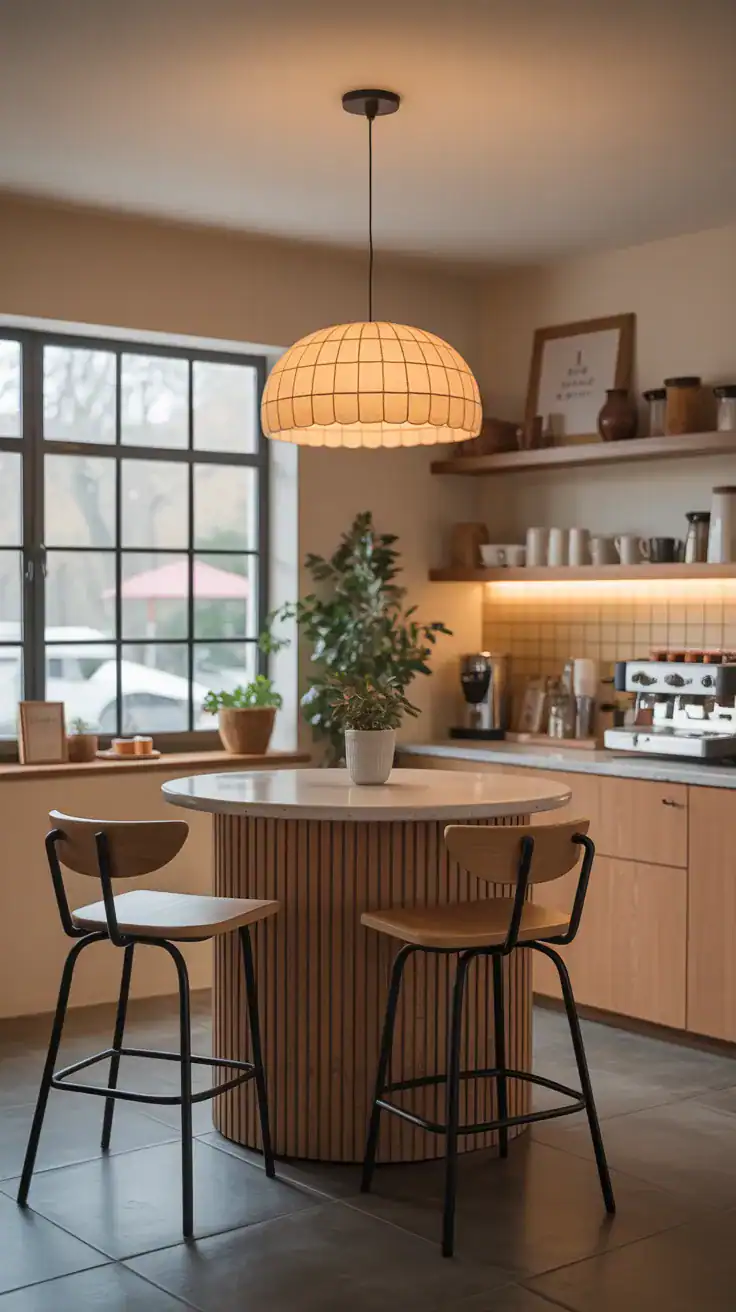 Corner coffee bar with pendant lighting creating focal point