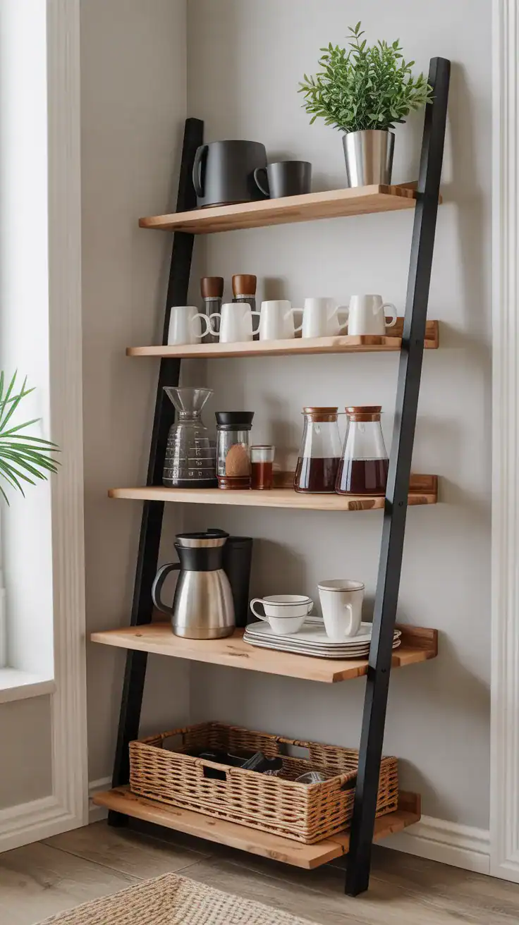 Ladder shelf coffee bar in corner with mugs and accessories