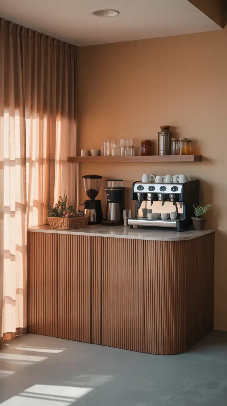 Corner coffee bar with soft curtain backdrop
