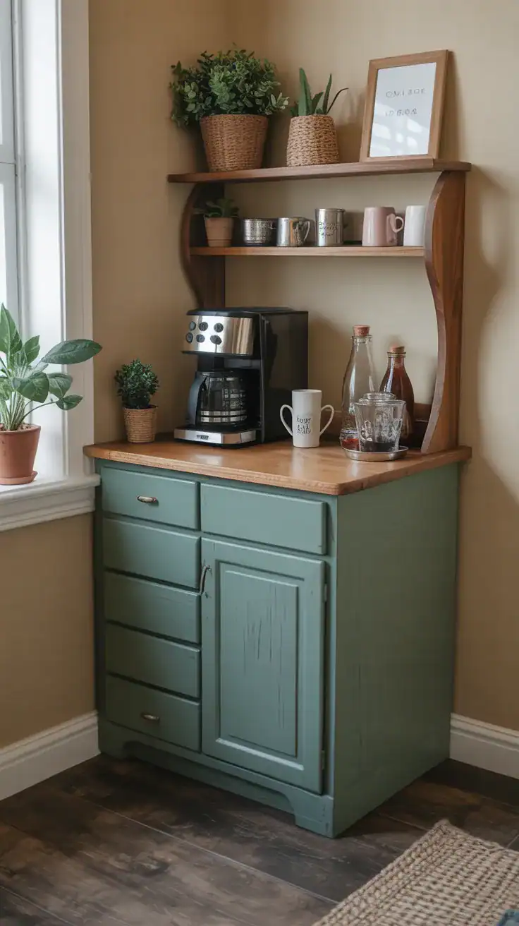Small desk used as coffee bar in corner space