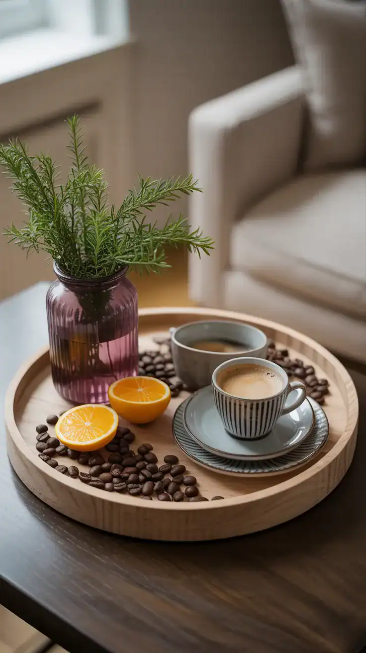 layered coffee tray with mixed textures