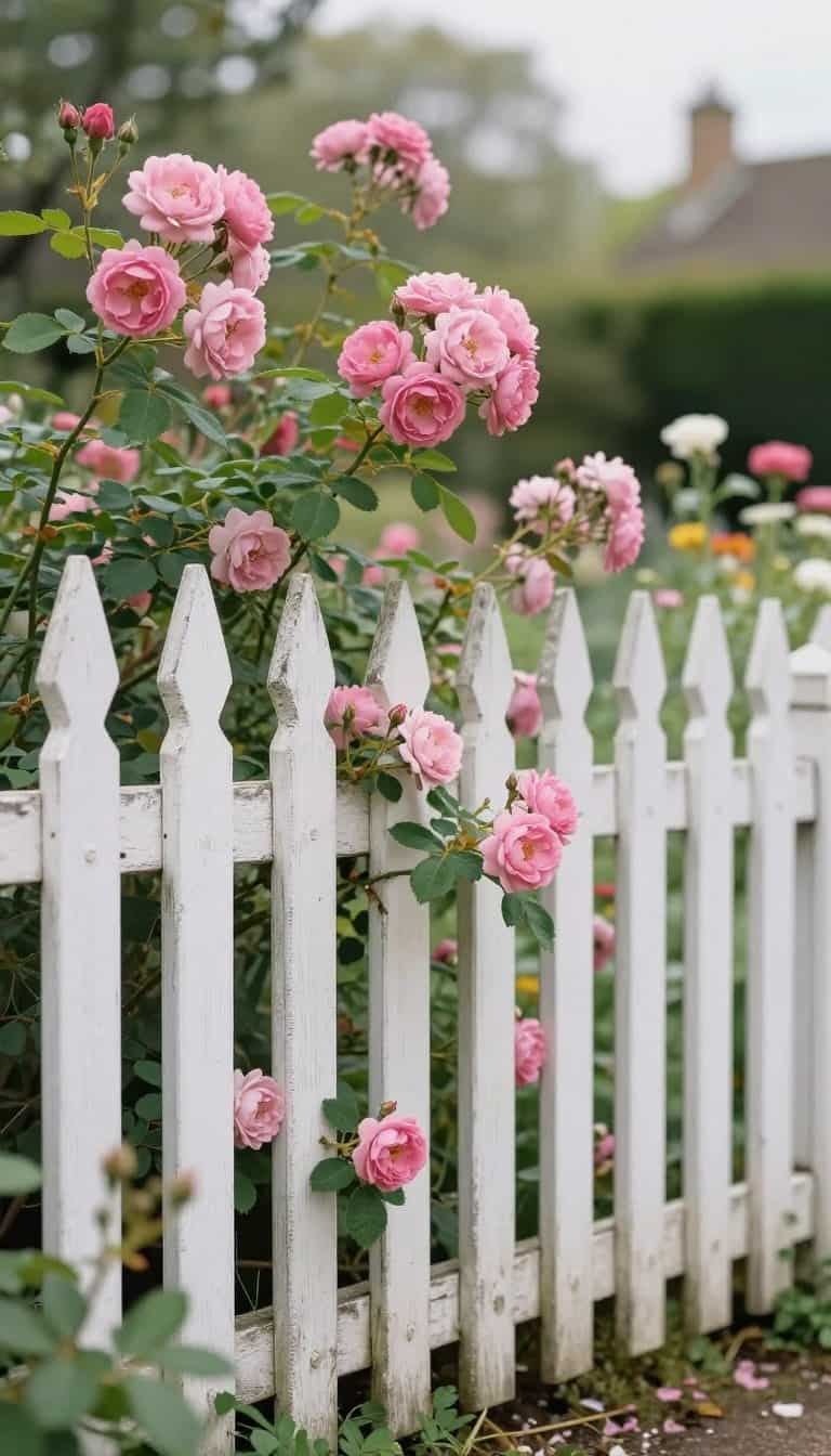 English cottage garden weathered picket fence with pink climbing roses weaving through white painted wood slats
