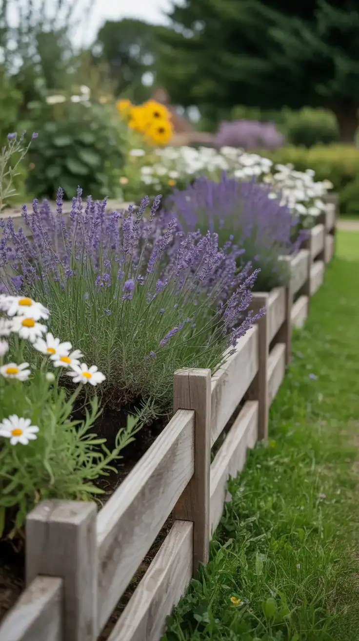 Low rustic wooden border fence outlining English cottage garden flower beds with lavender and daisies