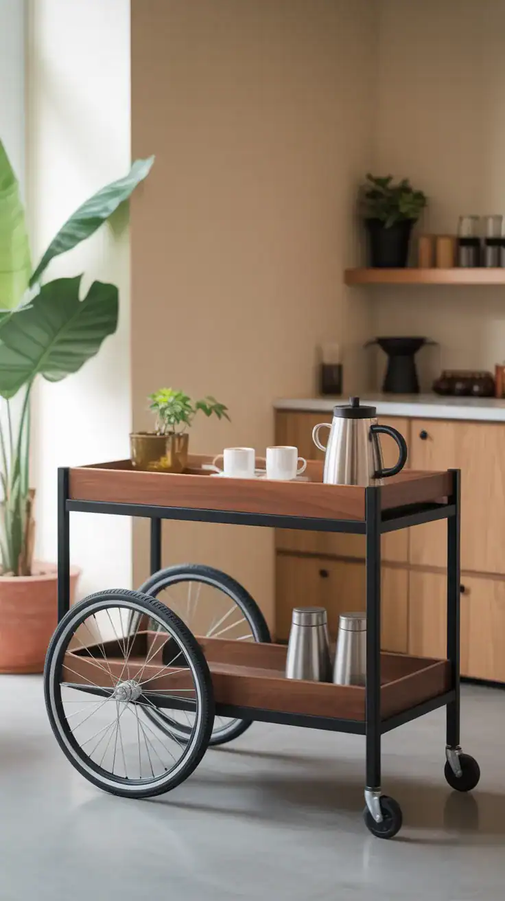Rolling coffee cart in use