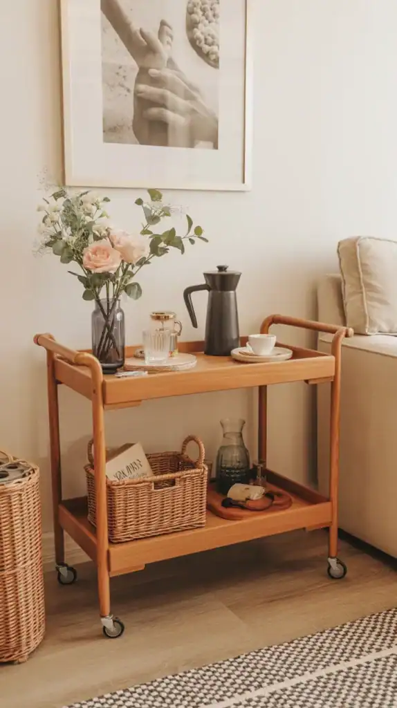 Warm wooden coffee cart styling