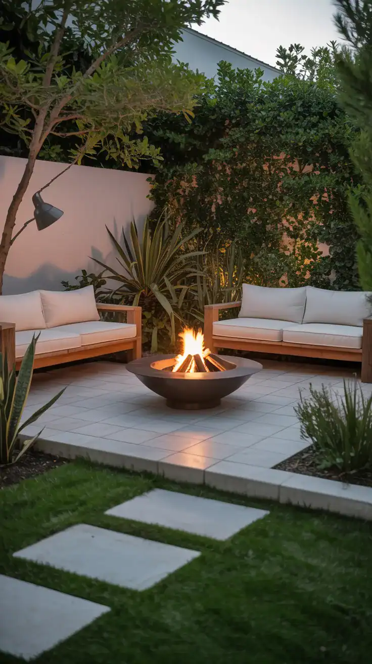 small garden with central fire pit and minimal surrounding furniture showcasing open space design