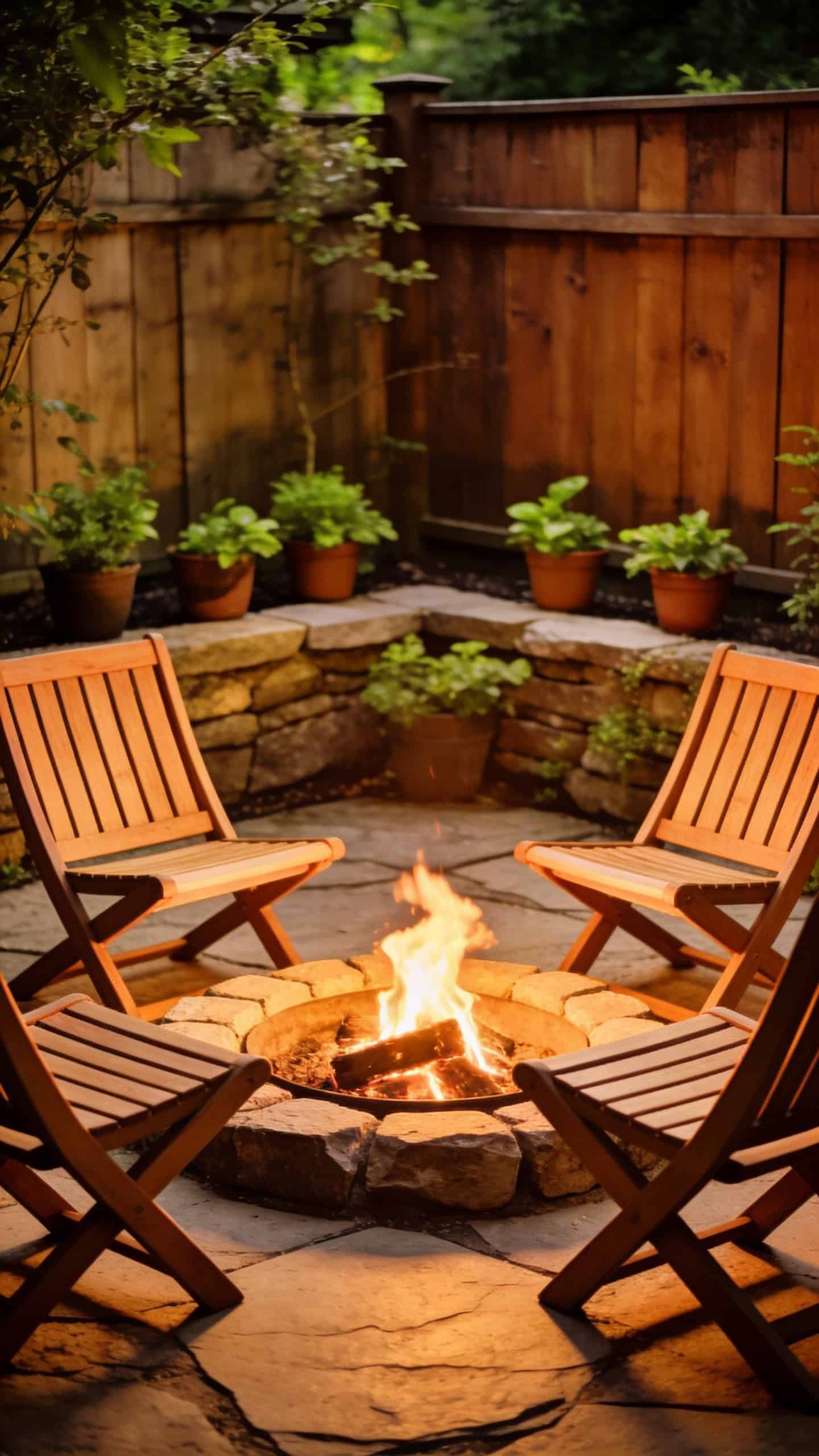 fire pit tucked into garden corner with angled chairs in small patio layout