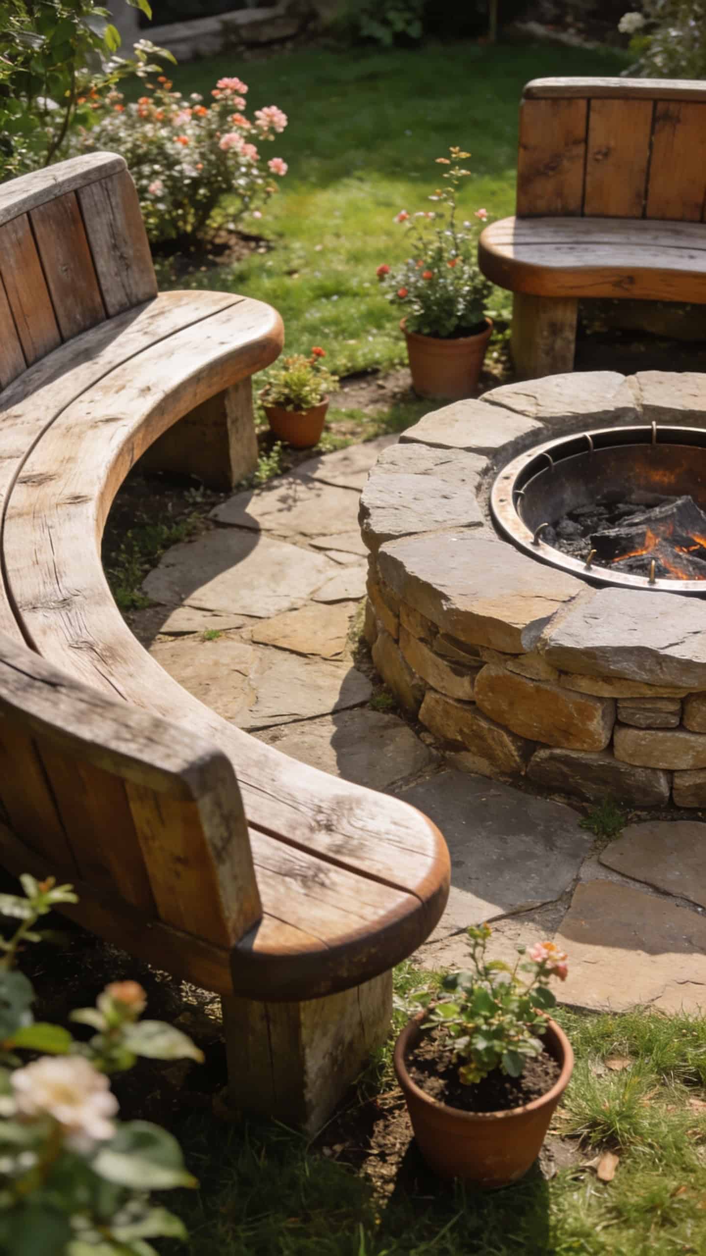 small garden with built-in bench seating surrounding circular fire pit area
