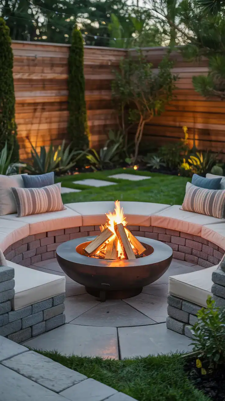 compact round fire pit with curved seating arrangement in small backyard garden