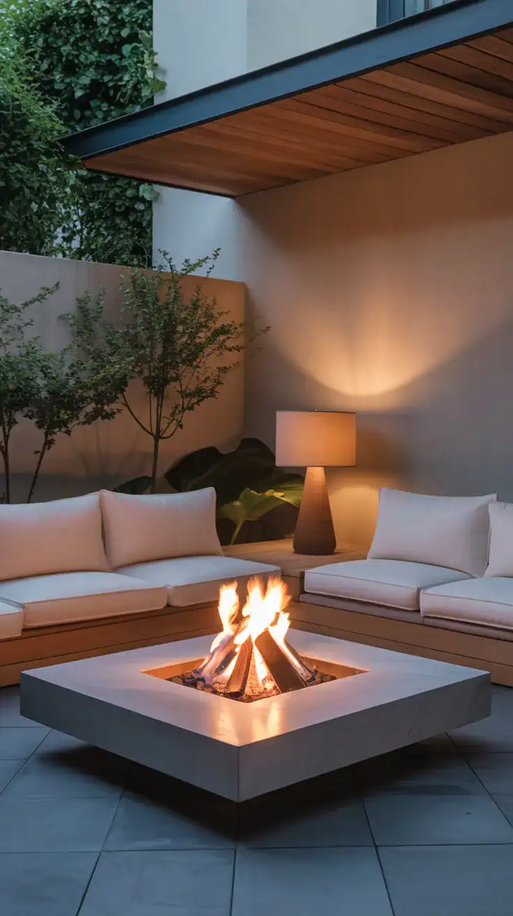 sleek low fire table with minimal modern seating in small patio space