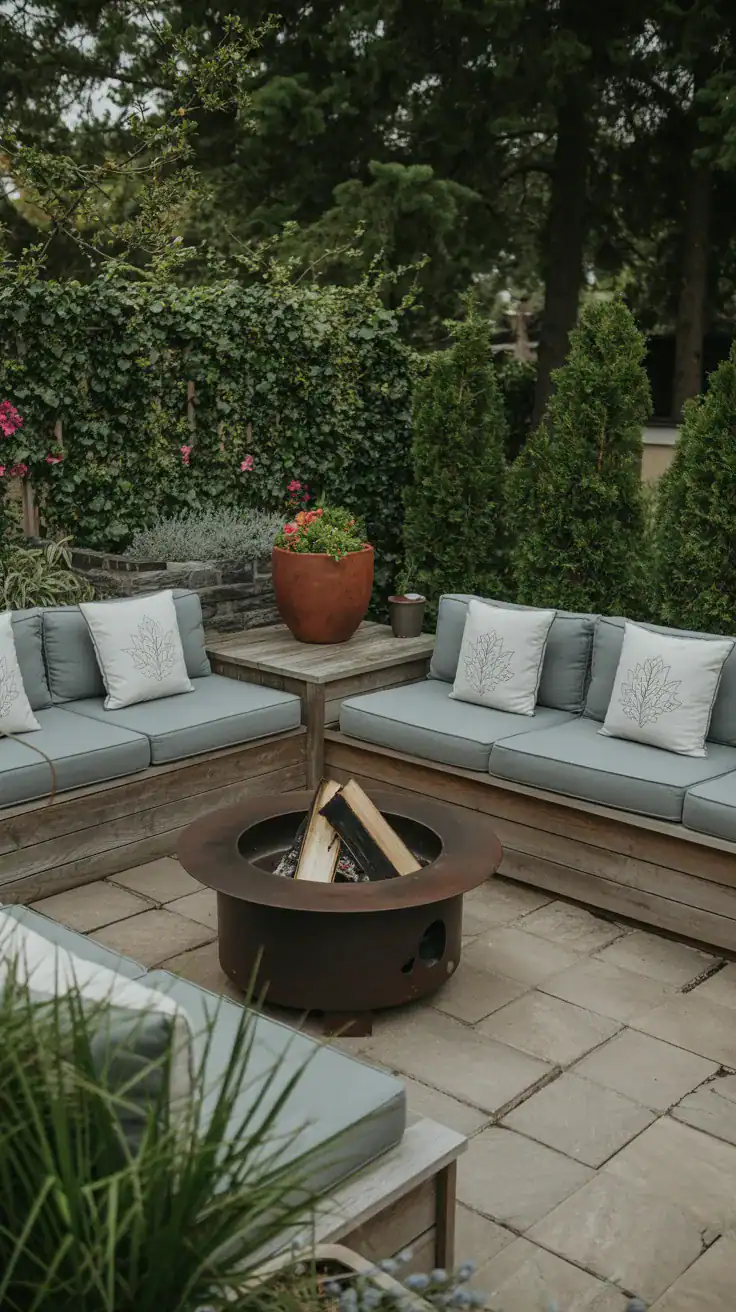 fire pit positioned along garden edge with inward facing seating layout