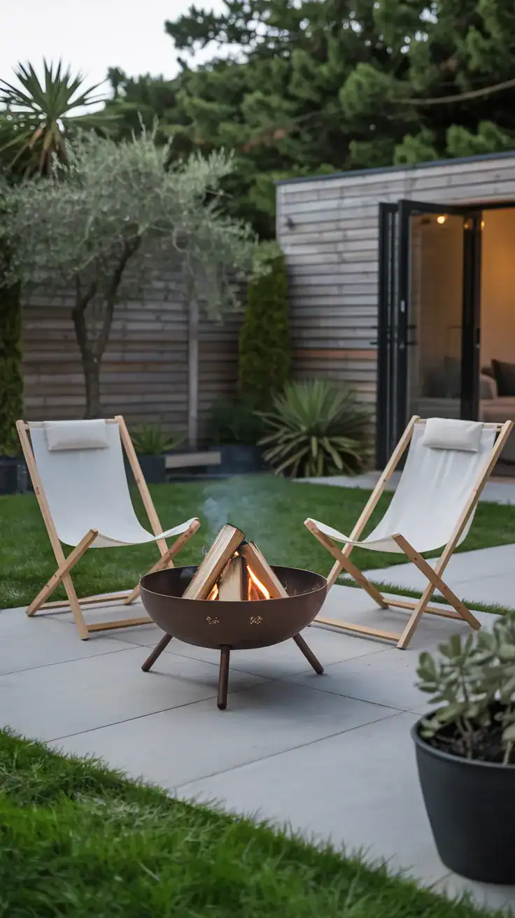 compact fire pit with lightweight foldable chairs in flexible small garden layout