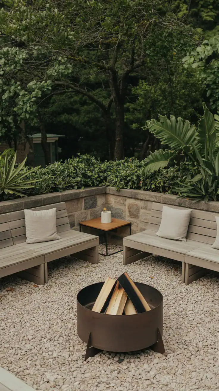 small fire pit area defined by light gravel base with simple outdoor seating