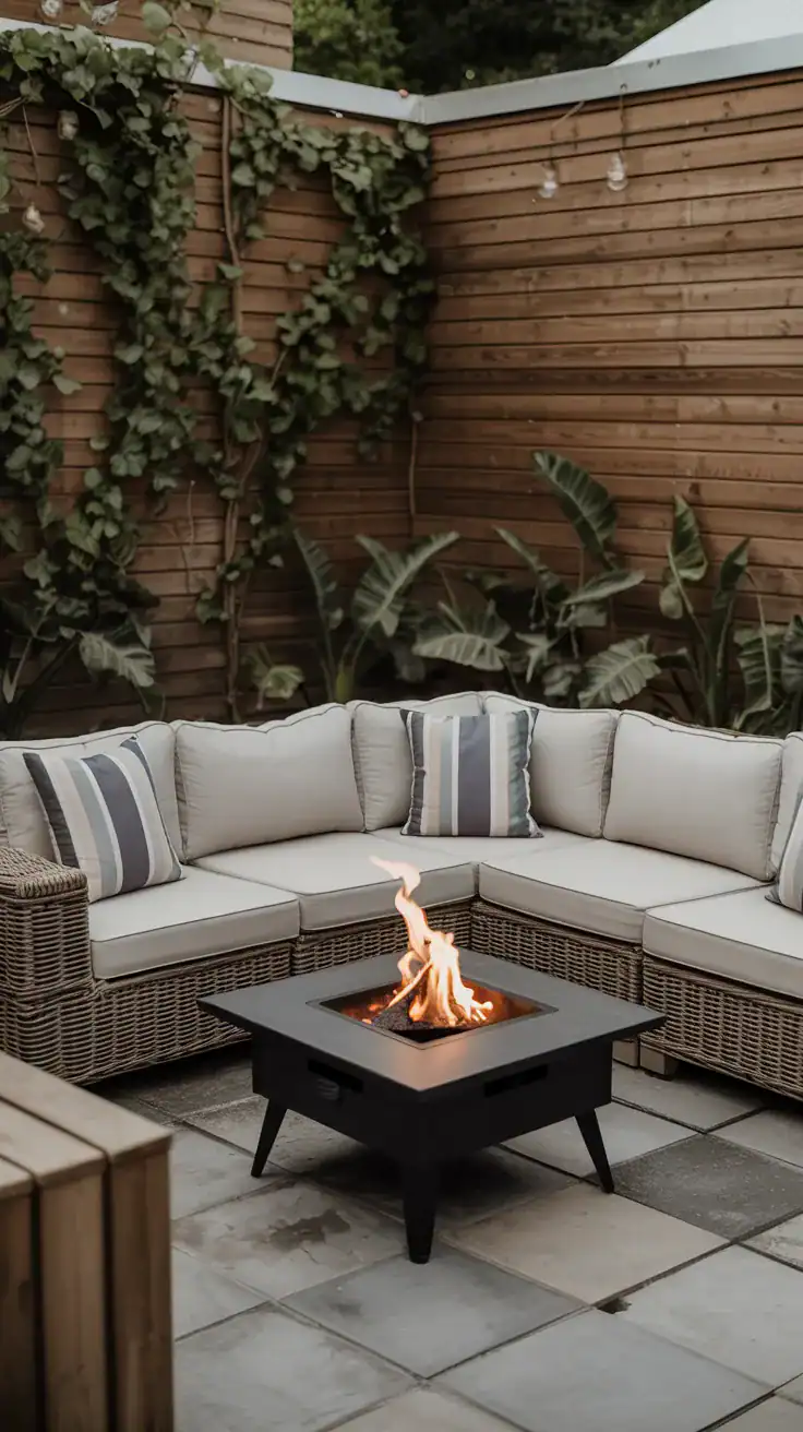 small L shaped sectional sofa with fire pit positioned in garden corner