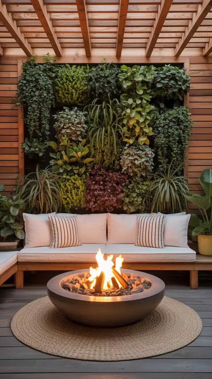 fire pit area with vertical greenery wall creating lush backdrop in small space