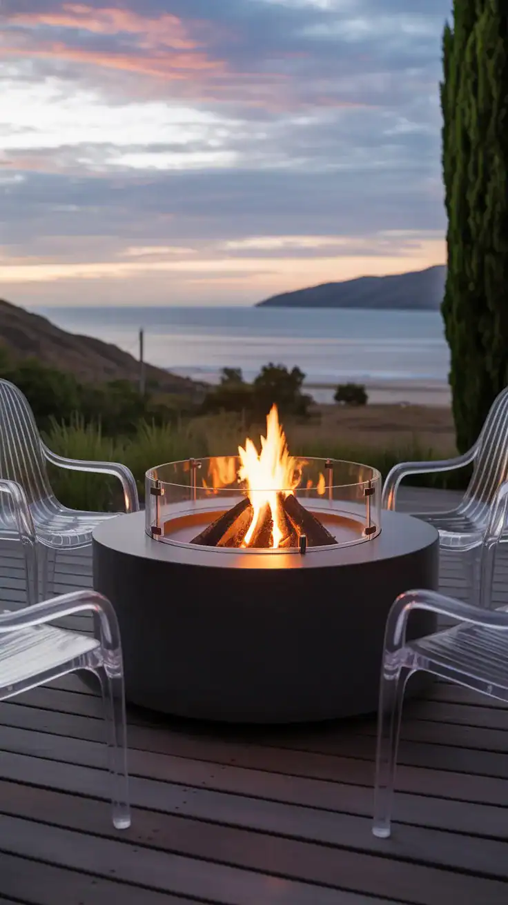 small fire pit with glass or acrylic transparent furniture maintaining open sightlines