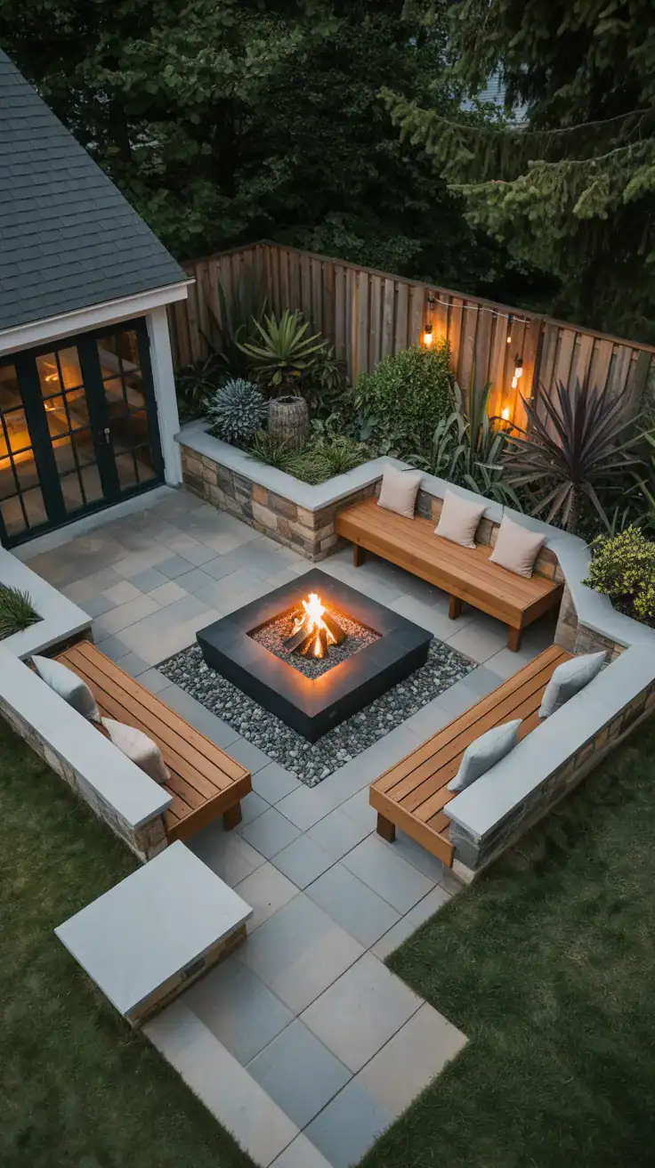 fire pit placed diagonally with angled seating following dynamic layout pattern