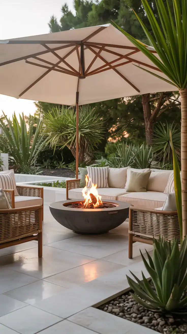 light colored patio with fire pit and neutral toned seating creating bright open feel