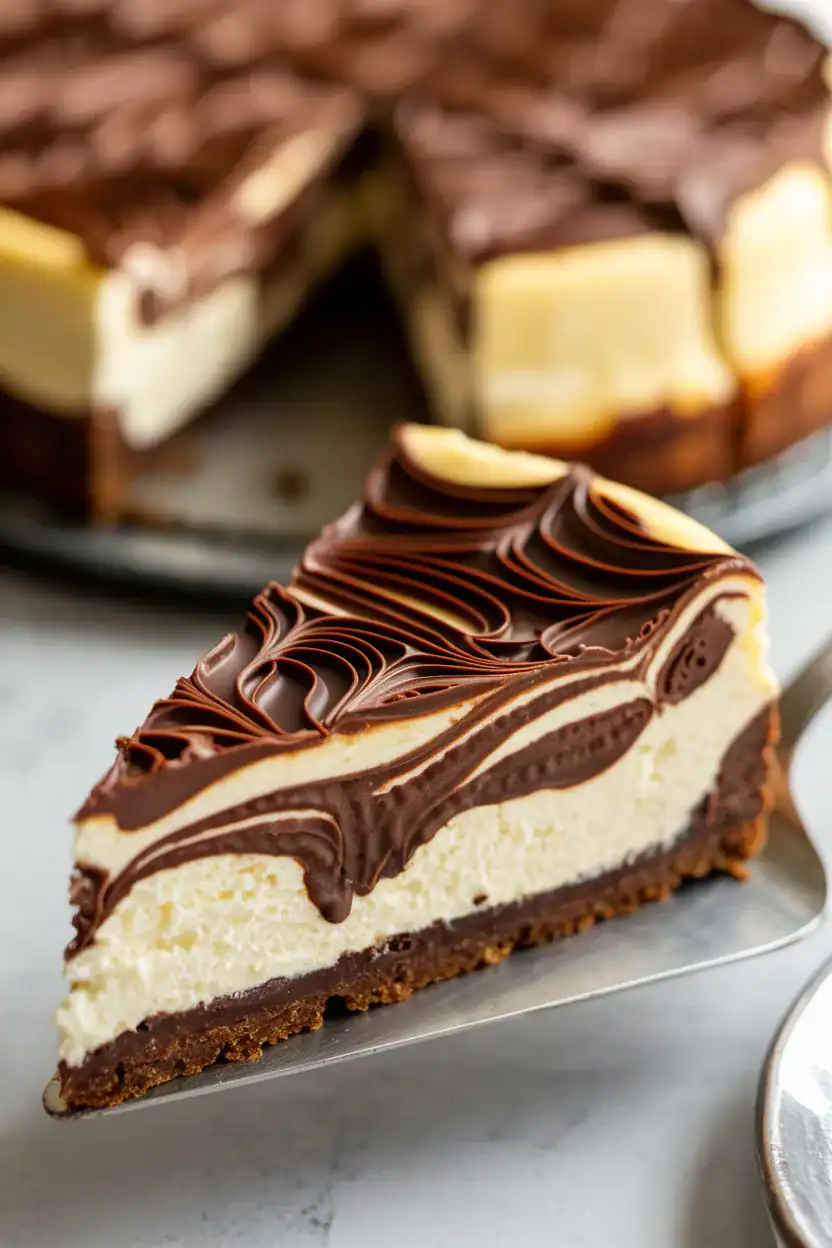 Ultra close up of cottage cheese chocolate swirl cheesecake slice showing creamy texture and rich chocolate ribbons on a cake spatula