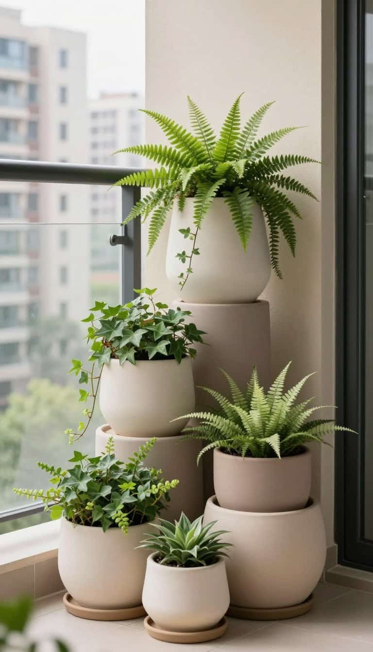 Secret Garden Balcony Planter Ideas featuring balcony corner styled with layered planters at different heights creating a lush garden feel