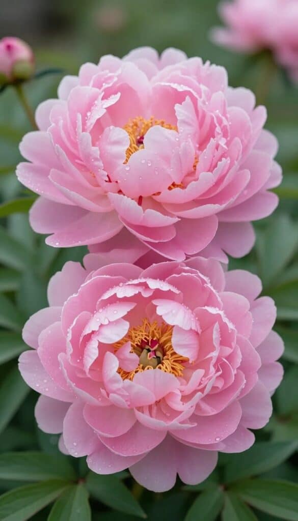 Large pink peony blooms with layered petals in full summer flower in cottage garden