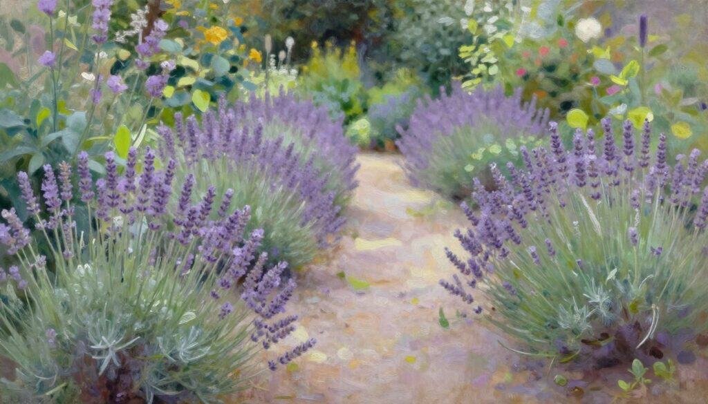 Lavender pathway with soft perspective fading into distance in peaceful cottage garden landscape