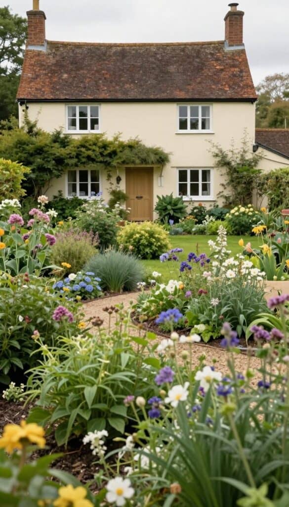 Layered cottage garden framing house