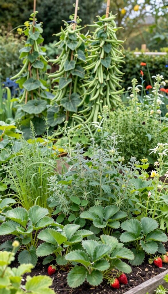Layered cottage garden showing tall climbing beans, medium herbs, and low strawberries creating depth