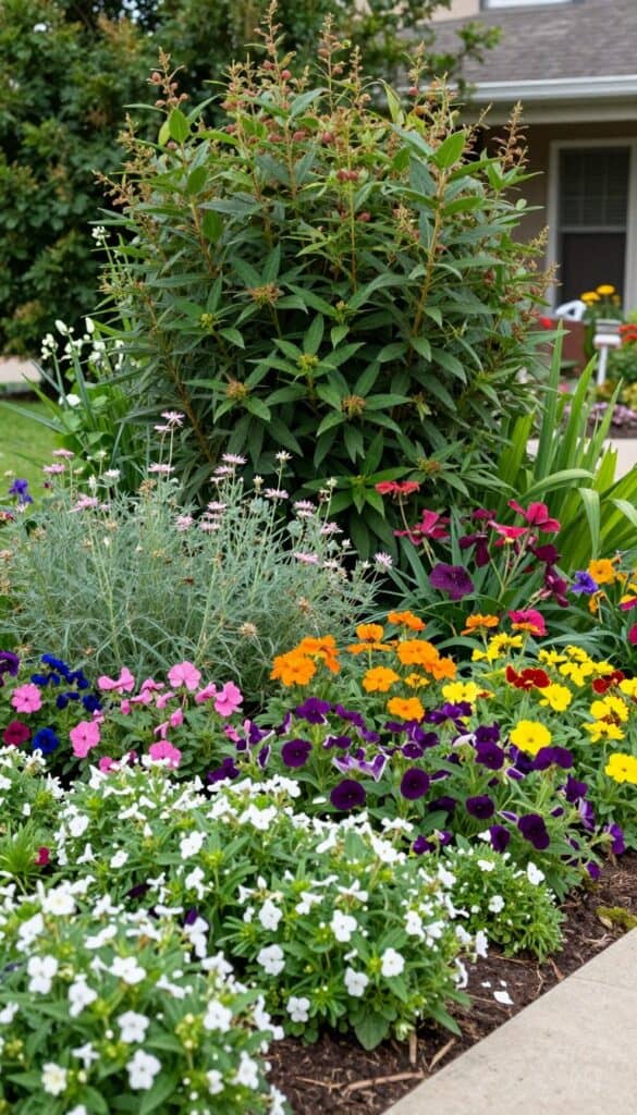 Layered flower bed with tall, medium, and low plants creating depth and dimension