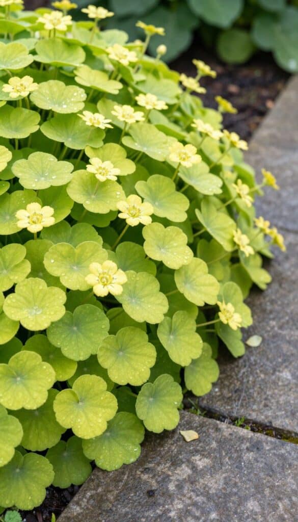 Lime green Alchemilla mollis lady's mantle with delicate flowers spilling over garden path edge