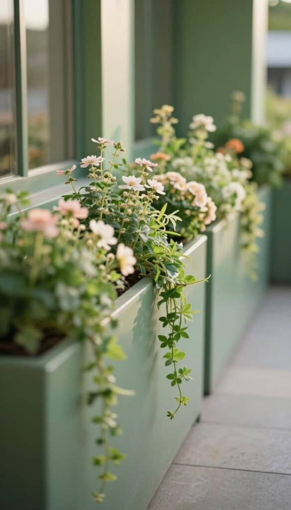 Low containers lining the edge of a balcony creating a soft green border in small garden spaces