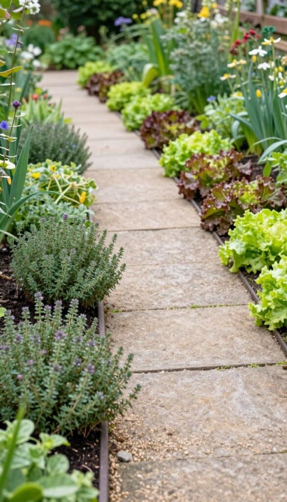 Low-growing thyme and lettuce used as edible border edging along cottage garden pathway