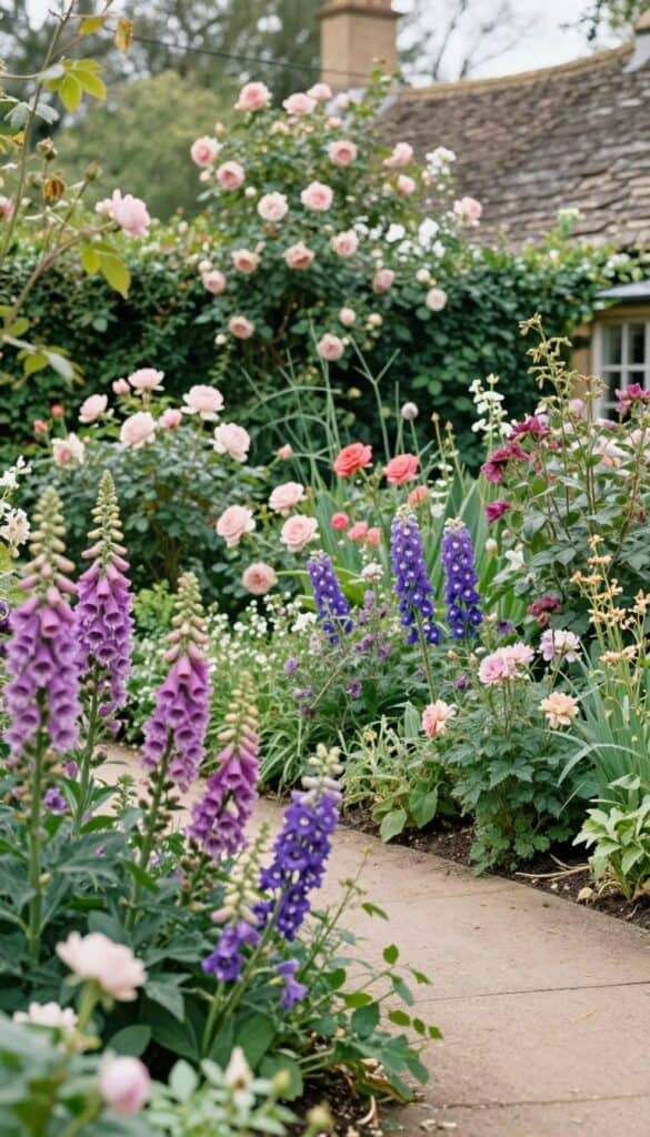 Lush English cottage garden with overflowing flower borders and winding stone path