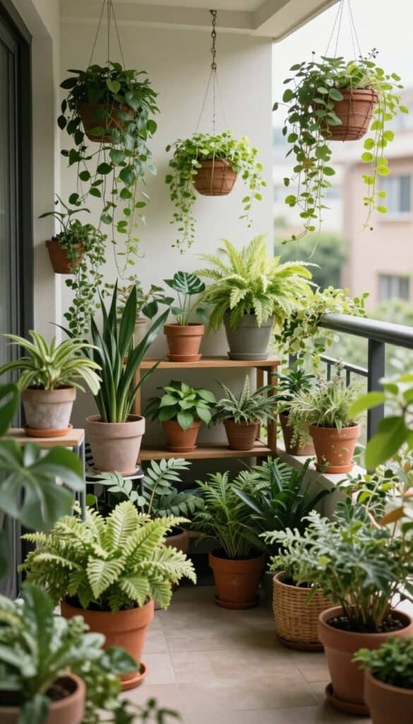 Lush balcony surrounded by plants at various heights creating an immersive green outdoor oasis