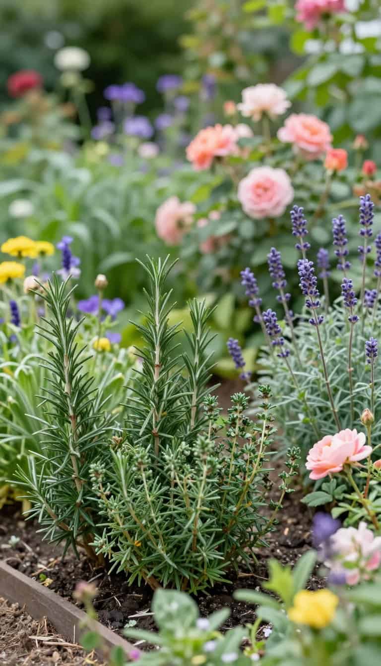 Lush cottage garden mixing edible and ornamental plants with herbs and flowers growing side by side