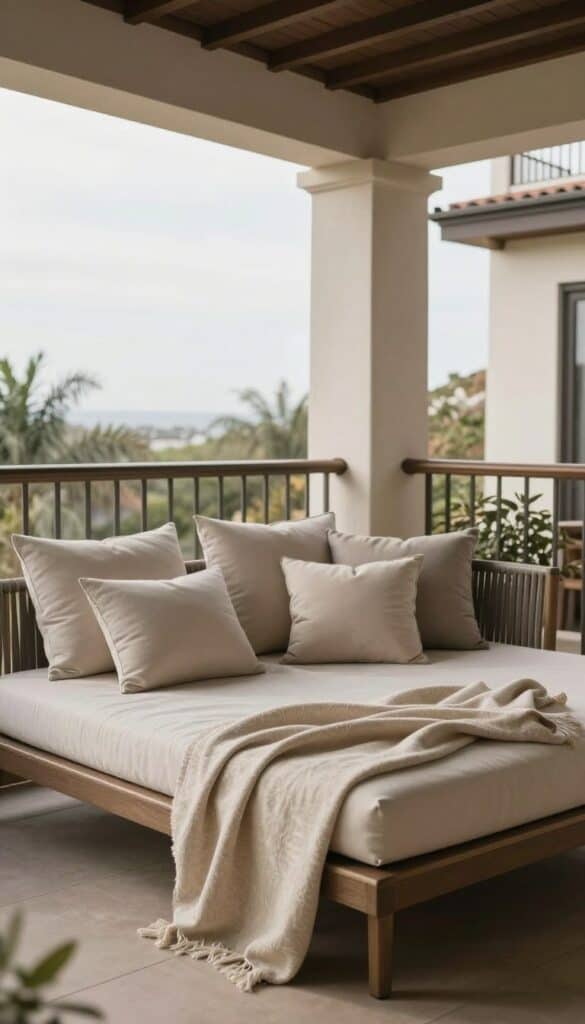 Luxurious balcony daybed with deep cushions and layered pillows creating ultimate relaxation spot