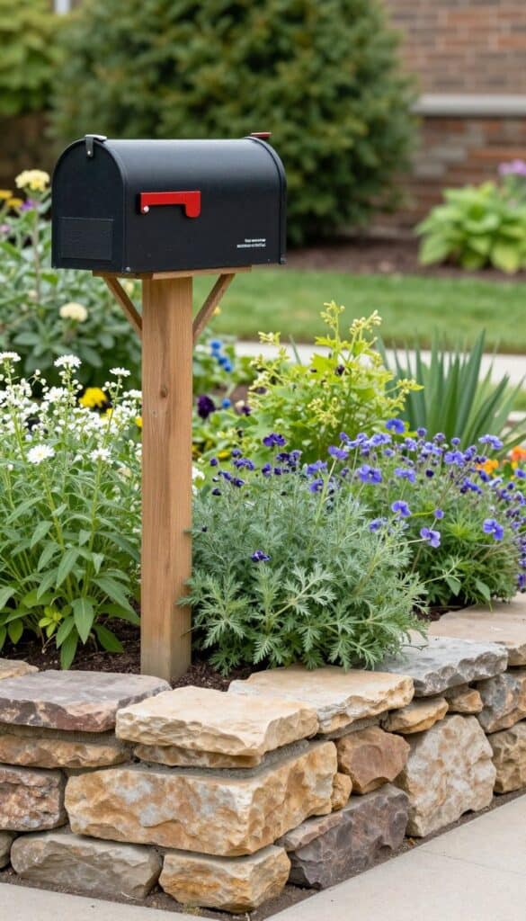 Mailbox area with natural stone border and low cottage perennial flowers
