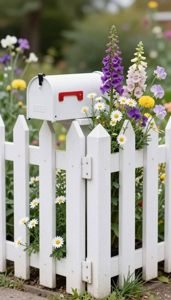 Mailbox area with white picket fence and mixed cottage garden flowers