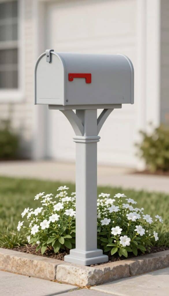 Mailbox post painted in soft grey with white flowers and cottage garden style