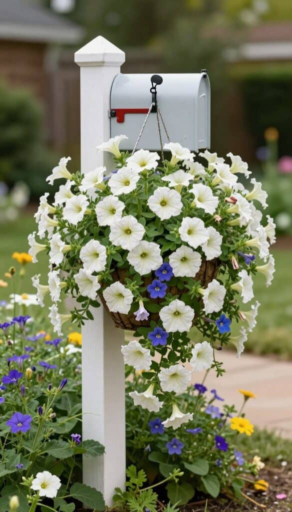 Mailbox post with hanging basket of trailing flowers creating cottage charm