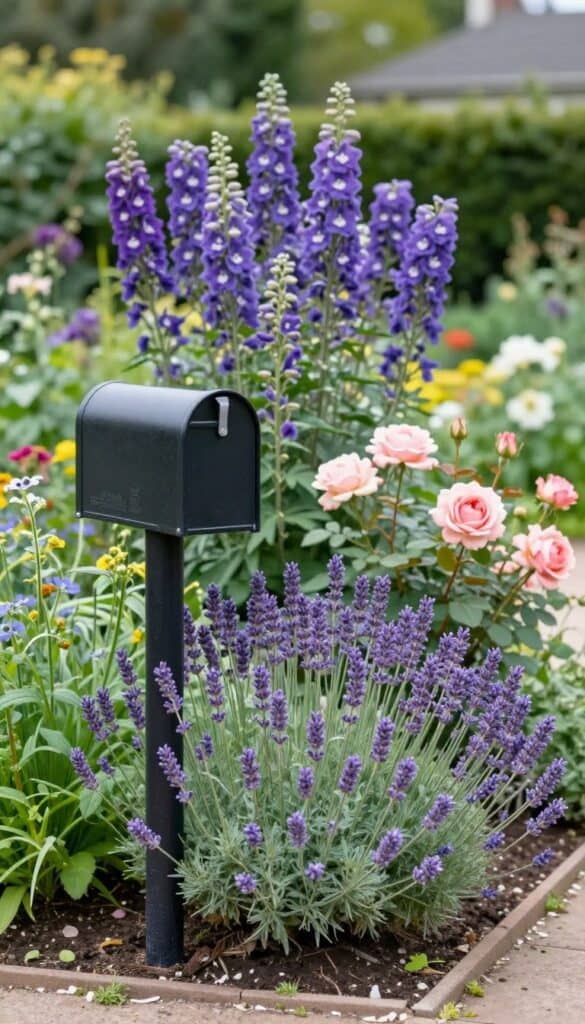 Mailbox with layered cottage garden bed featuring roses, lavender and delphiniums