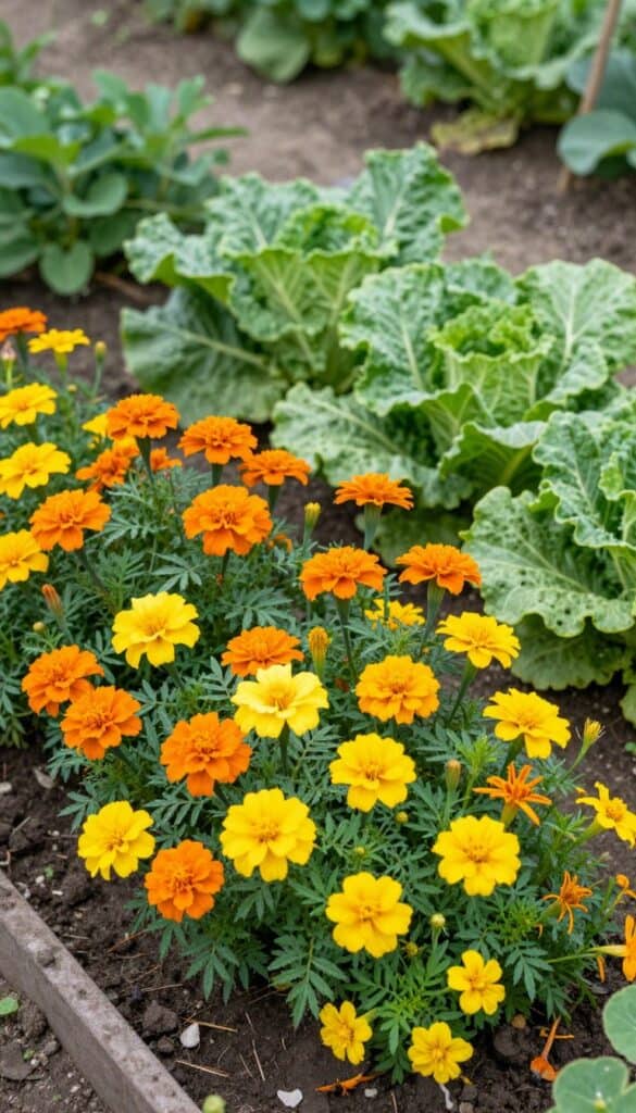 Marigolds and nasturtiums growing as companion plants protecting vegetable crops in cottage garden