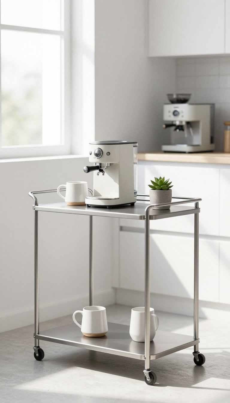 Minimalist coffee bar cart with clean lines in a modern kitchen setting