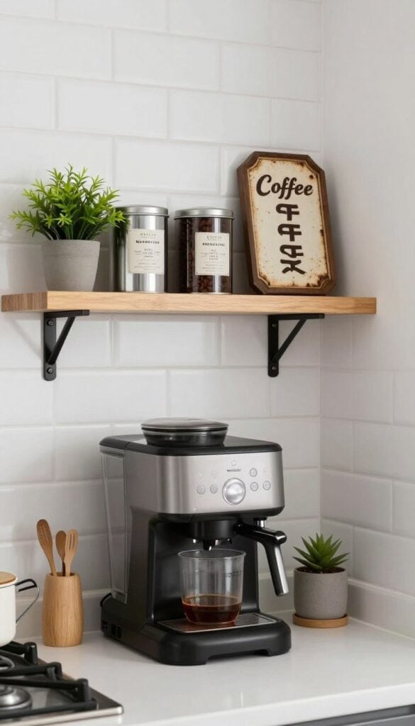 Narrow shelf above coffee machine setup