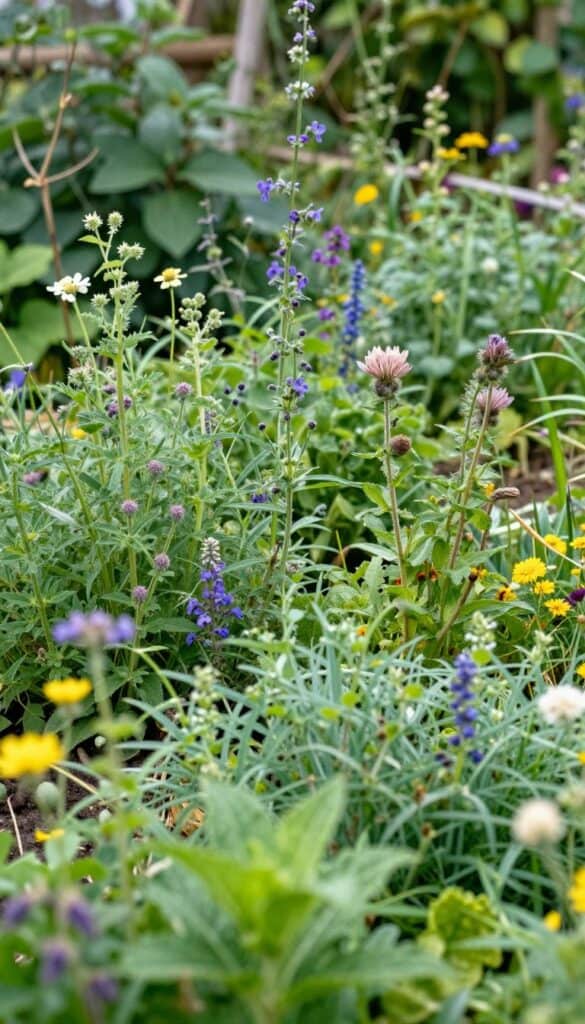 Natural cottage garden with plants self-seeding and growing into each other showing charming imperfection