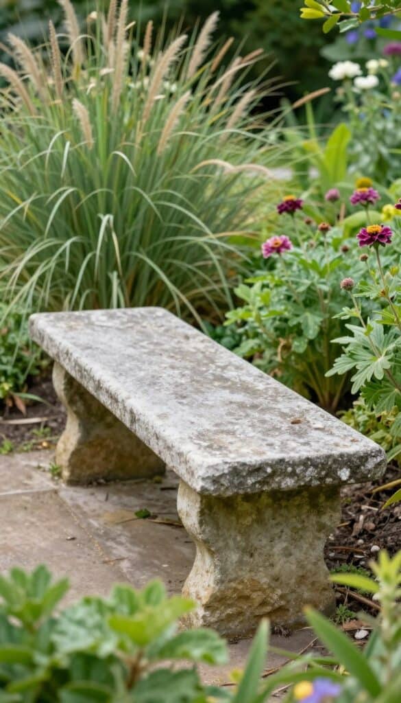 Natural stone garden bench with weathered surface surrounded by soft cottage garden planting